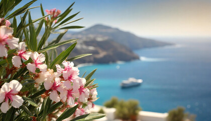 Piękne kwitnące kwiaty Oleandrów nad brzegiem morza, wakacje. Tapeta, dekoracja. Generative AI - obrazy, fototapety, plakaty
