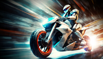 Obraz premium Bottom view and side view of a humanoid robot riding a futuristic high speed motorbike against an abstract image with motion blur. Generative Ai.