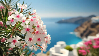 Piękne kwitnące kwiaty Oleandrów nad brzegiem morza, wakacje. Tapeta, dekoracja. Generative AI - obrazy, fototapety, plakaty