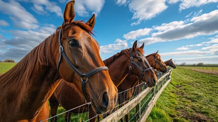 Fototapeta premium lineup of horses - horses putting their heads together - equestrian group - horses