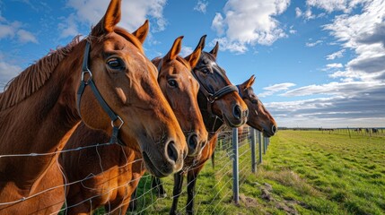 lineup of horses - horses putting their heads together - equestrian group - horses - obrazy, fototapety, plakaty