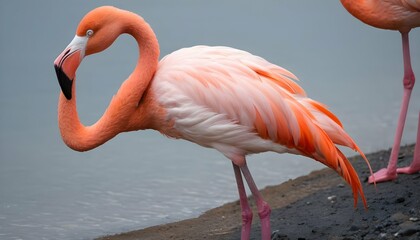 A Flamingo Preening Its Feathers On The Shore
