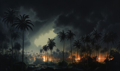 Pressing on with unwavering determination, they emerge from the storm, their spirits lifted by the sight of distant palm trees signaling refuge - obrazy, fototapety, plakaty