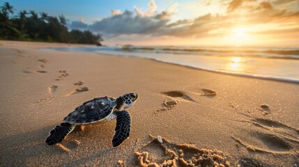 A little sea turtle walks on the sandy beach in the morning.