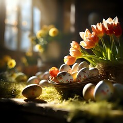 Easter Morning: Sunlit Tulips and Painted Eggs - obrazy, fototapety, plakaty