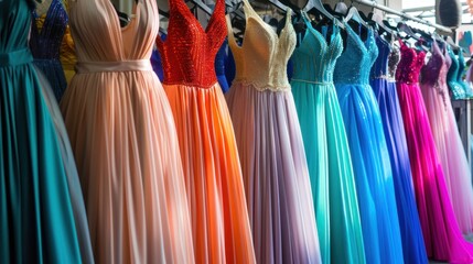 Colorful dresses in modern luxury boutiques, evening dresses, wedding dresses, prom dresses, bridesmaid dresses.