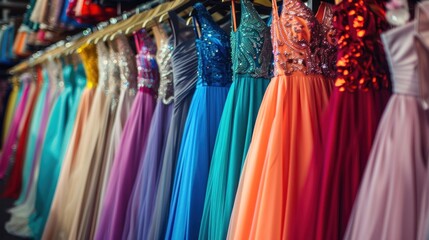 Colorful dresses in modern luxury boutiques, evening dresses, wedding dresses, prom dresses, bridesmaid dresses. - obrazy, fototapety, plakaty