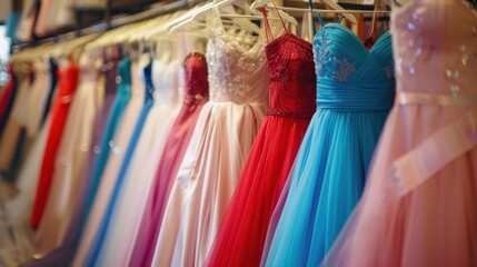 Colorful dresses in modern luxury boutiques, evening dresses, wedding dresses, prom dresses, bridesmaid dresses. - obrazy, fototapety, plakaty
