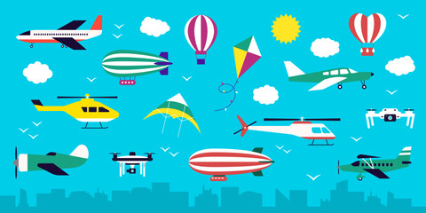Air plane. Transport in cloud sky. Airplane flight. Helicopter and balloon. Unmanned aerial drone. Vehicle for hot summer travel. Sun wing activity. Urban cloudscape. Vector flat design