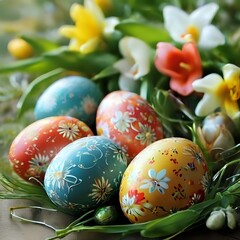 Fototapeta na wymiar Easter Morning: Sunlit Tulips and Painted Eggs 