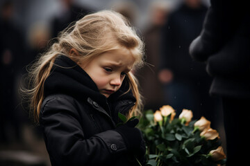 Portrait of a sad unhappy lonely little girl at funeral of her relatives generative ai image