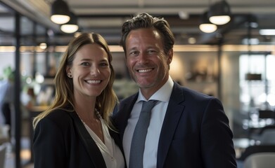 A professional and cheerful scene featuring a man and woman in impeccably neat office uniforms, both smiling warmly, set against the backdrop of an office