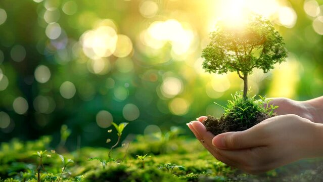 a plant tree on hand, save Earth Day ecology of environment concept video background template looping 4k