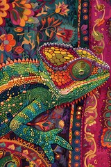 A painting of a chameleon beautifully blending into the vibrant colors of its surroundings, showcasing intricate details of the reptile and the diverse hues of the backdrop