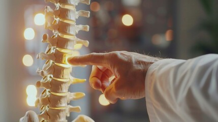 Close-up of chiropractor pointing to specific vertebrae on spine chart. - obrazy, fototapety, plakaty