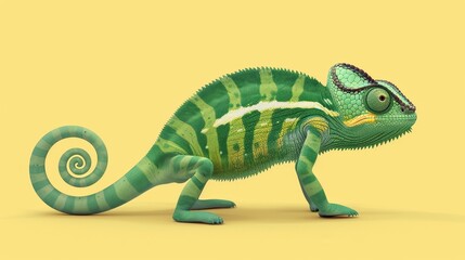Obraz premium a green chameleon in bright plain yellow background