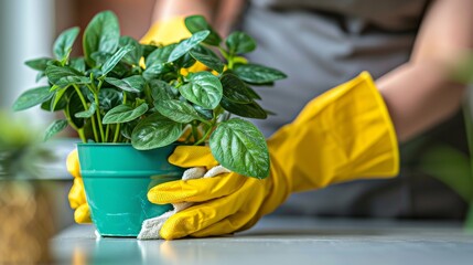 Person in Yellow Gloves Holding Potted Plant