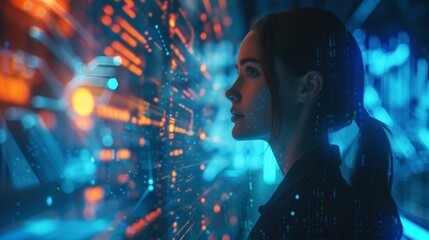 A futuristic image illustrating the intersection of economics and technology,  with data streams and digital graphs. Model aged 25-35,  female,  representing innovation and expertise in fintech.