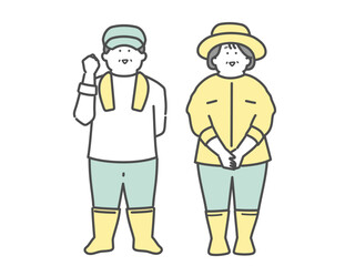 農家で働く笑顔な高齢夫婦　ガッツポーズ