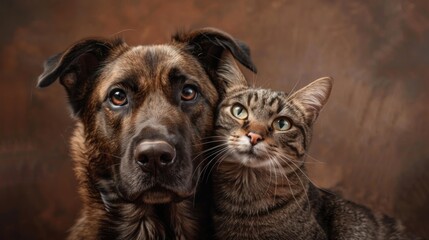 Cute kitten and dog together in studio on brown background,