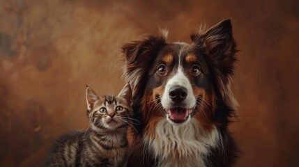 Cute kitten and dog together in studio on brown background,