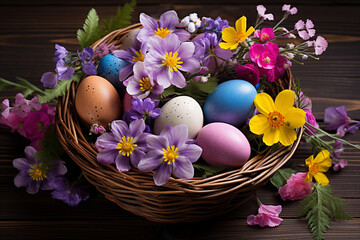 Obraz na płótnie Canvas Generative AI picture bright graphics montage Easter holiday theme painted eggs bunny ears fresh tulips dinner decorations