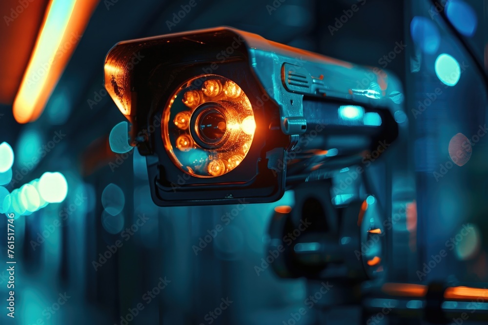 Poster A detailed view of a camera mounted on a pole. Suitable for surveillance or security concepts