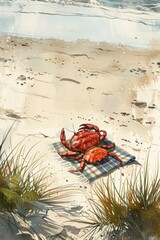 A realistic painting of a crab scuttling across a sandy beach, depicted on a colorful towel. The vibrant colors and intricate details bring the beach scene to life