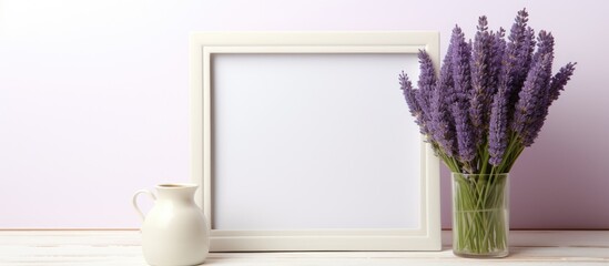 A houseplant in a vase of lavender sits next to a rectangular picture frame on the wooden table....