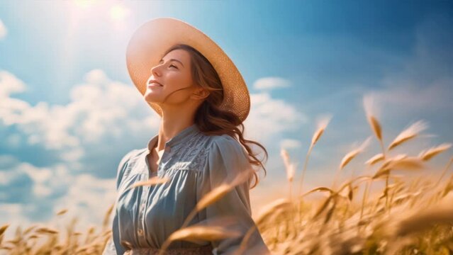 a happy woman farmer in the field,Farmer woman in a field with a bright sky,