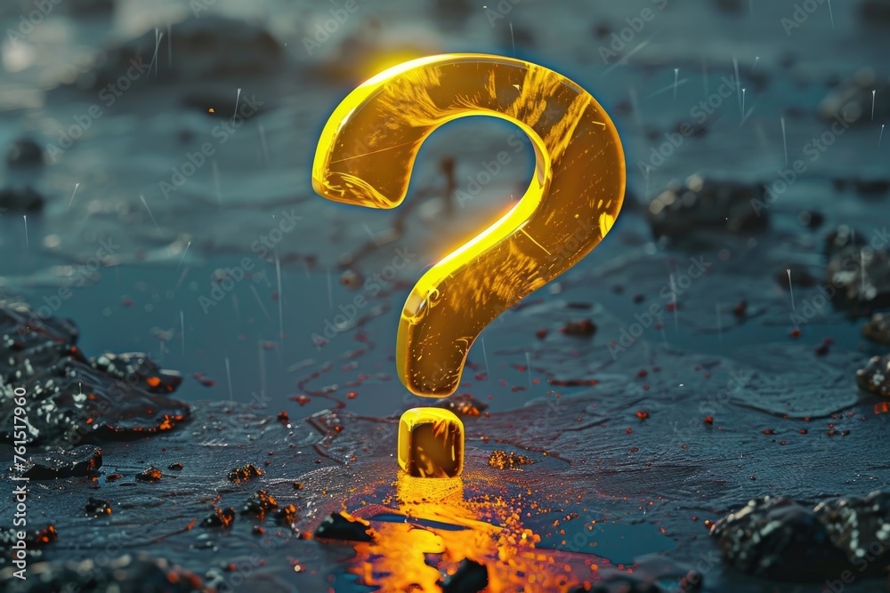 Aufkleber golden question mark symbol on a wet surface, suitable for educational or business concepts