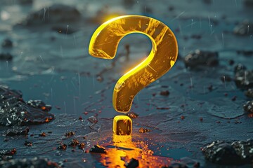 Golden question mark symbol on a wet surface, suitable for educational or business concepts - obrazy, fototapety, plakaty