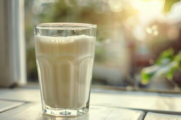 A glass of milk sitting on a table. Suitable for food and beverage concepts