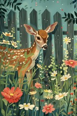 A deer cautiously approaches a garden fence among a field of colorful flowers. The deers presence adds a sense of nature to the vibrant scene