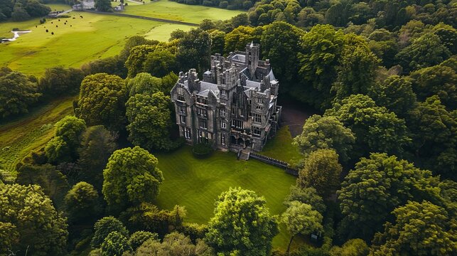 Aerial photograph of a historic castle nestled in lush greenery, with a drone capturing the architectural majesty and landscape Majestic Castle Amidst Verdant Woods

