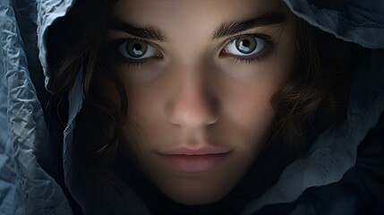 beautiful strong eyes of a mysterious young woman - illustration - ai generated