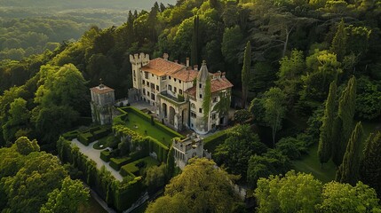 Aerial view of an enchanting castle nestled in the heart of a lush forest, radiating history and old-world charm.
 - obrazy, fototapety, plakaty