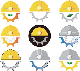 建設関係のロゴーヘルメットと歯車のアイコンセットイラスト素材