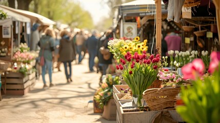 spring fair stalls selling, easter market in europe - obrazy, fototapety, plakaty