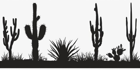 Black and white silhouette of cactus plants. Suitable for desert-themed designs