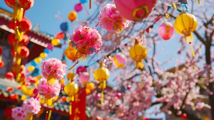 Obraz na płótnie Canvas Colorful Spring Festival Lanterns and Cherry Blossoms