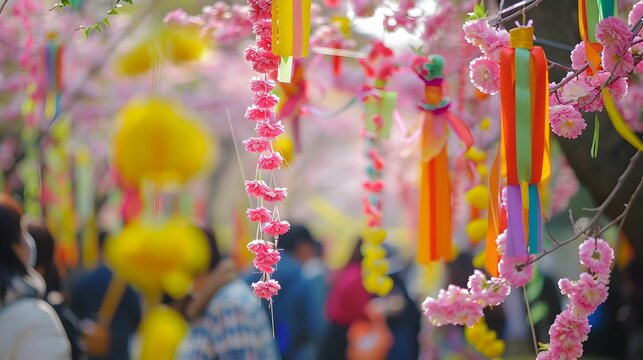 Vibrant paper lanterns adorn a festival under the cherry blossoms, symbolizing joy and renewal in spring.