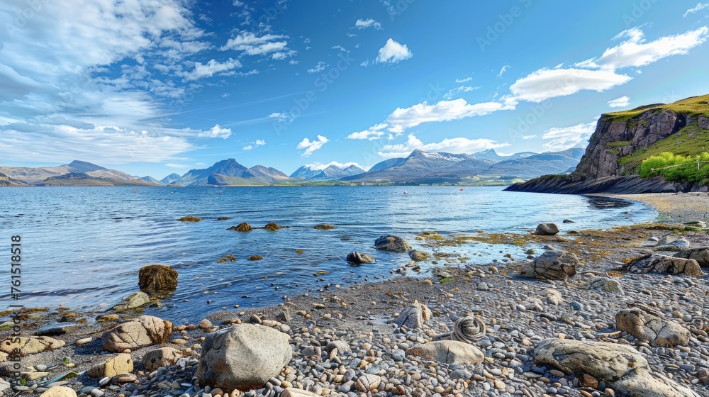 Poster a serene view of a body of water surrounded by rocky terrain. suitable for various nature-themed pro