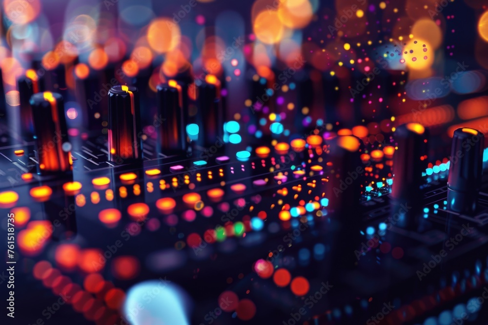Poster close up of a dj mixer with colorful lights in the background. perfect for music and nightlife conce