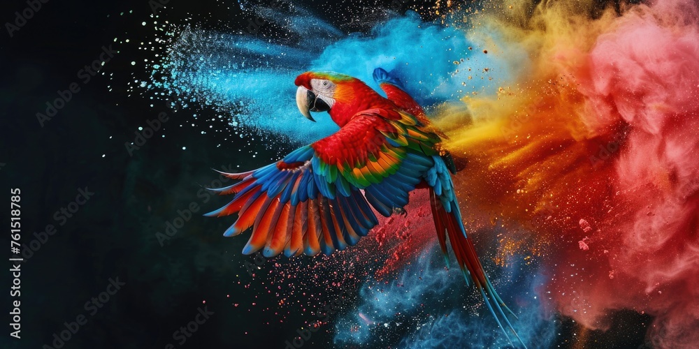 Poster a vibrant parrot soaring through the sky. suitable for various projects