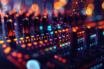 Close up of a DJ mixer with colorful lights in the background. Perfect for music and nightlife concepts