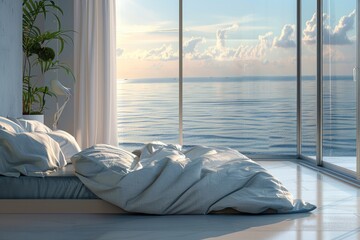 A cozy bedroom with a stunning ocean view, perfect for relaxation and daydreaming