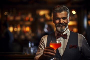Obraz premium Bartender barman person shaking mixing alcohol drinks in dark bar pub Generative AI