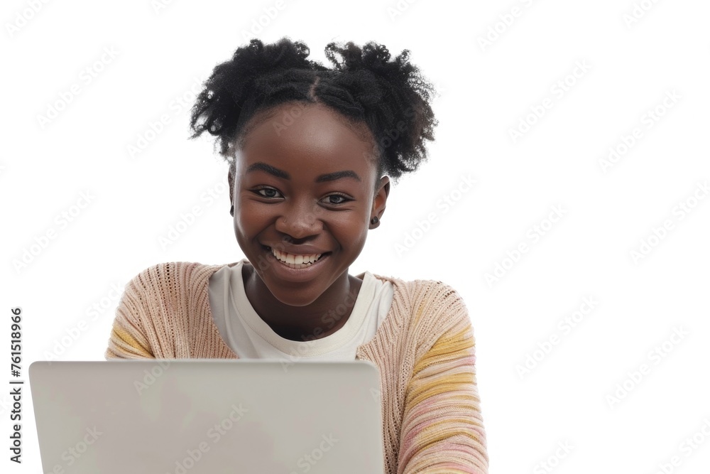 Poster a woman sitting in front of a laptop computer. perfect for business or technology concepts