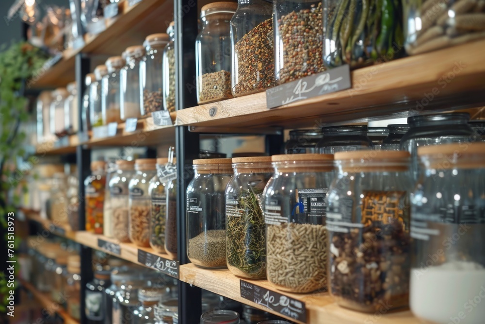 Poster a diverse selection of food items on a shelf, suitable for various culinary concepts